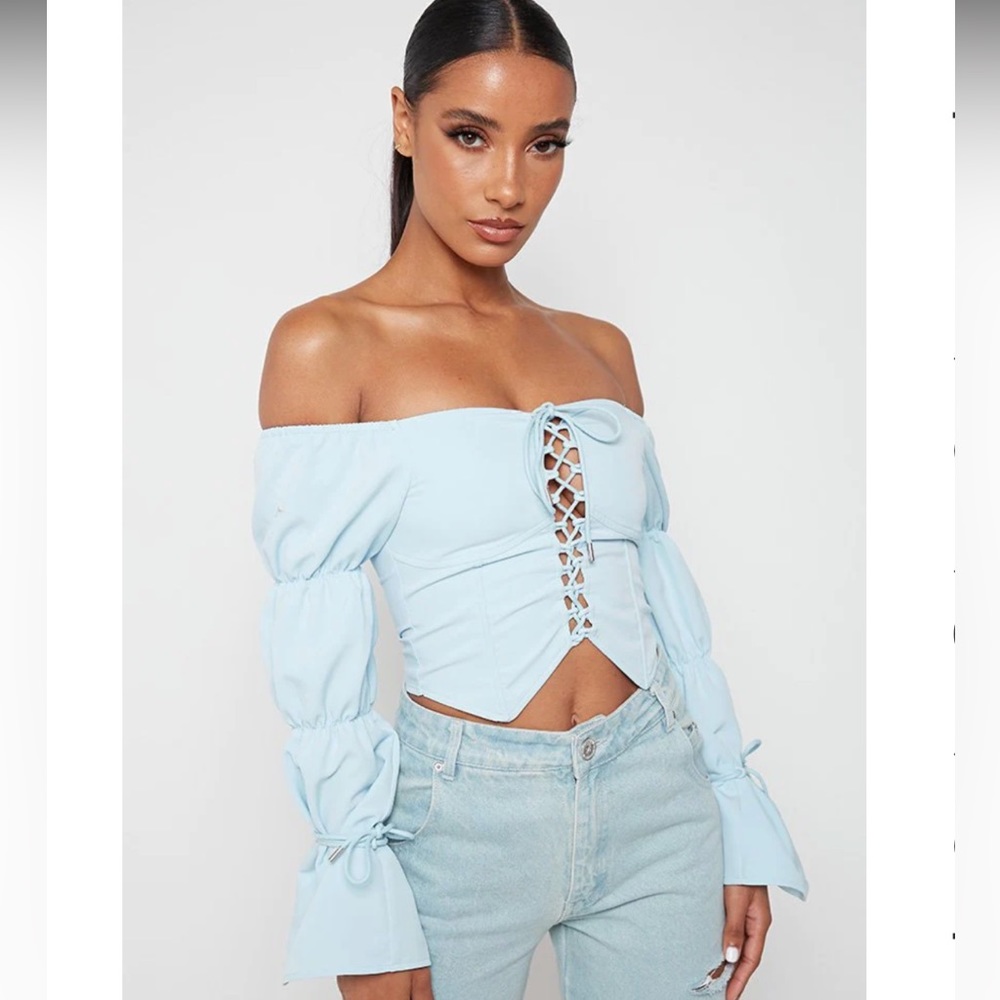 Lace Up Puff Sleeve Top Blue woman Manière de voir
